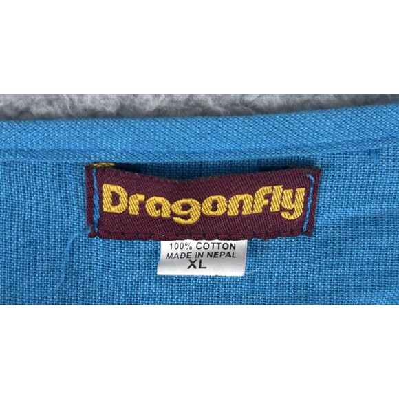 Dragonfly Artisian Women Turquoise Blue Blk Wh Pullover Cotton Blouse Sz XL Boho - Picture 3 of 6